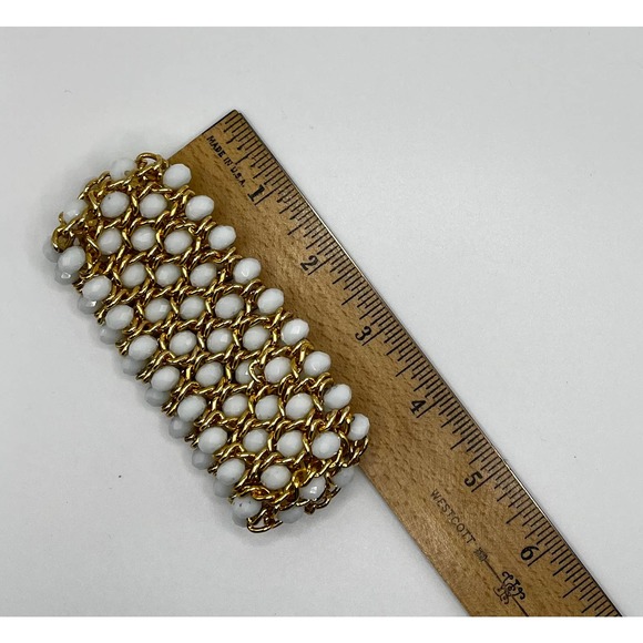 Gold Tone Mesh Stretchy Bracelet with Ivory Beads - Picture 4 of 4